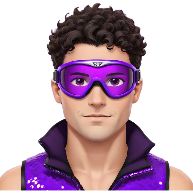 close-up of cool guy male athlete with white skin and moderately curly dark brown hair on top with shaved sides, with one purple ski goggle lens pushed up above his eyes on his forehead, with an arrogant smug smirk on his face, wearing only a plain black chain necklace around his neck, and a completely unzipped sleeveless vest with purple and black sequin fire pattern design with no logo, clearly showing he is shirtless underneath with exposed chest and abs emoji
