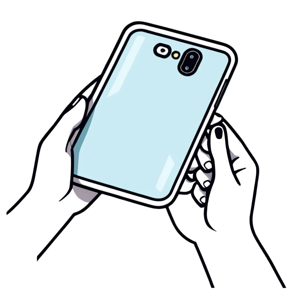 human hands holding a futuristic transparent smartphone emoji