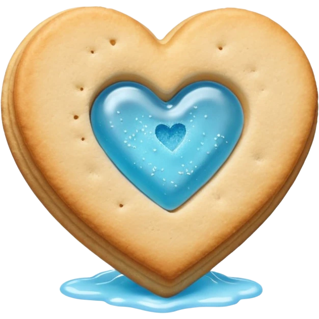 Realistic shortbread cookie in the shape of a heart with light blue jelly middle filling and sprinkled powder sugar on top. emoji