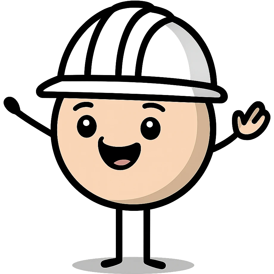 A cute circle character with white hard hat and stick arms and feet, emoji style, more emoji facial expression emoji
