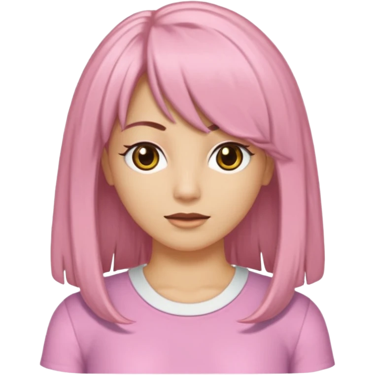 Uma garota de cabelos castanhos escovados médios, side bangs jogada para a direita, uma blusa branca estilo anos 2000 com detalhes em renda óculos com armação douradas e lábios rosados emoji