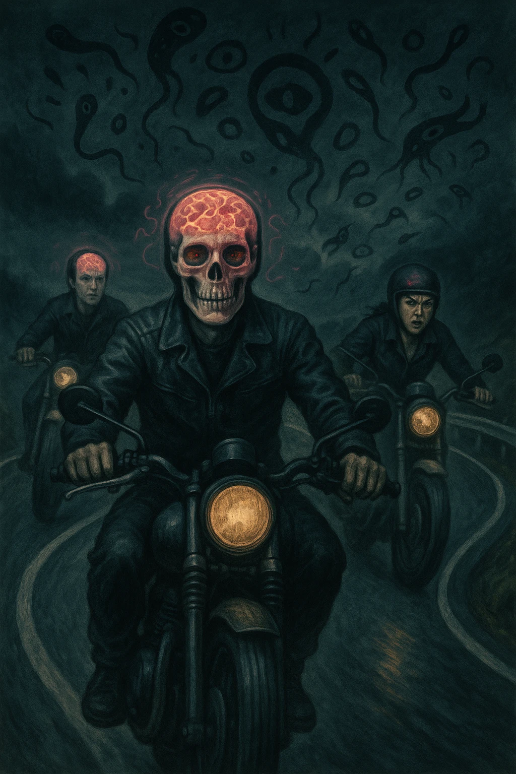 Gruppo di motociclisti su strada, volti impassibili o con espressioni rischiose e prive di paura, mentre affrontano curve pericolose. Atmosfera surreale, con ombre o simboli astratti che rappresentano la toxoplasmosi (come parassiti invisibili nel cervello). Effetti visivi sul cranio o sulla testa che mostrano come l’infezione alteri il senso del pericolo. Scene dinamiche ma inquietanti, cielo scuro e simbolismo neurologico. emoji