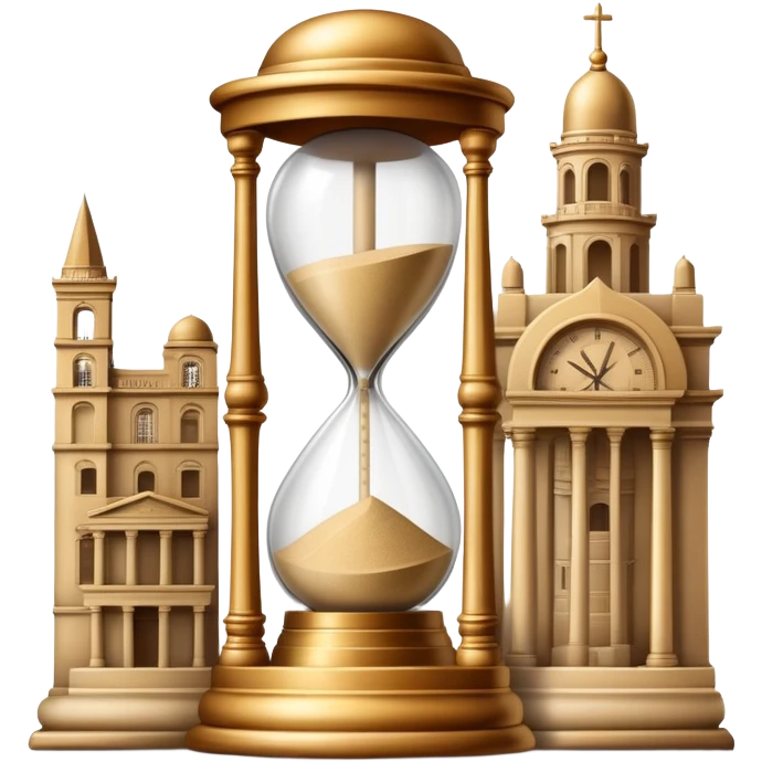 icon featuring ancient scrolls, quill pen with famous historical landmarks and monuments in the background. Large, antique sand clocks with sand pouring out represent the passage of time. Historical figures are depicted as statues. Transparent background. emoji
