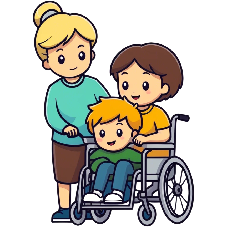 Brown haired son in a wheelchair with blonde women pushing emoji
