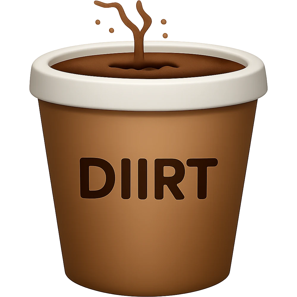 Remove the handle from the coffee cup, keep the word 'dirt' on it, in the style of emoji, with no background. emoji