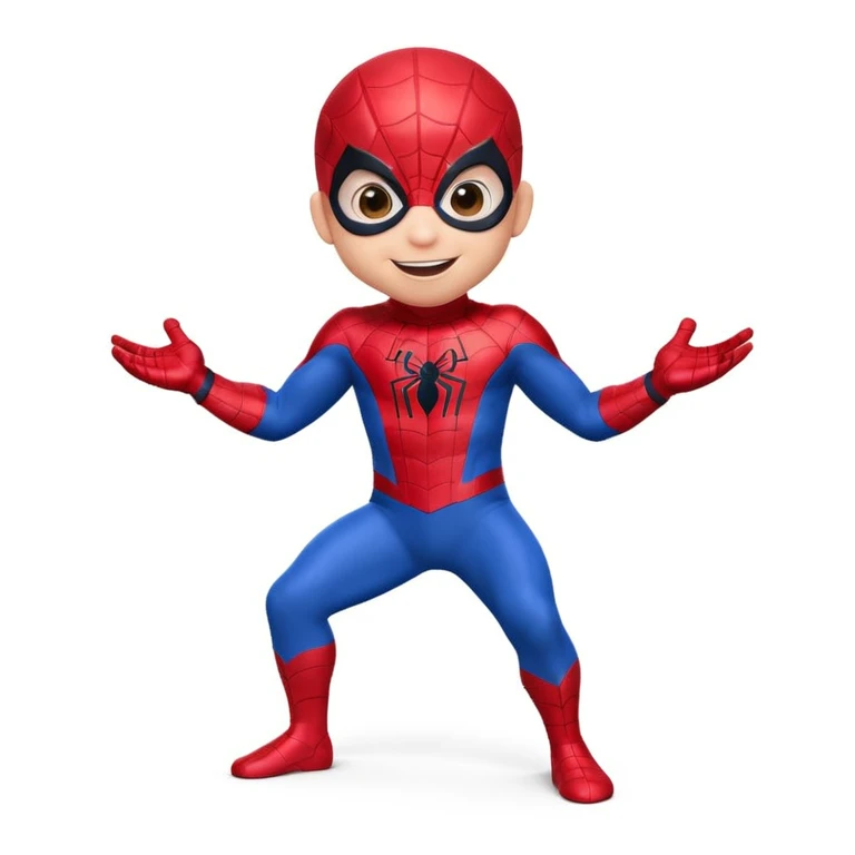 A 3d small funny baby spiderman superhero in stand pose emoji