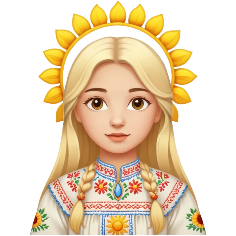 Ukrainian young girl with blonde hair wearing traditional vyshyvanka embroidered shirt holding a bright sun emoji