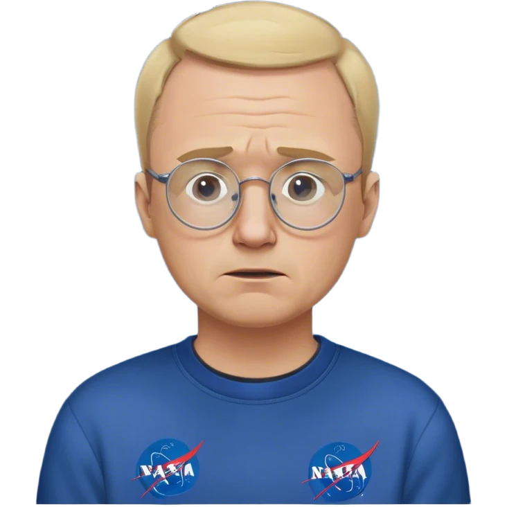 angry fat man, crying like a kid,  blond short and hight receding hairline, wearing a dark blue sweatshirt, nasa logo on the sweatshirt, round glasses without frame, 40 years old emoji