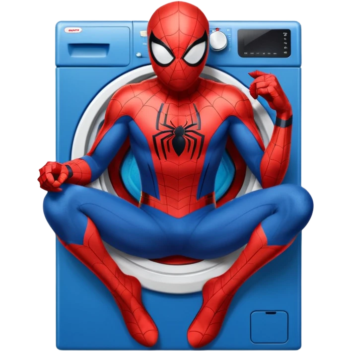 Die-cut sticker of Spider-Man sitting on a washing machine, bold vector art, thick white border, isolated on white background.with 4k resolution emoji