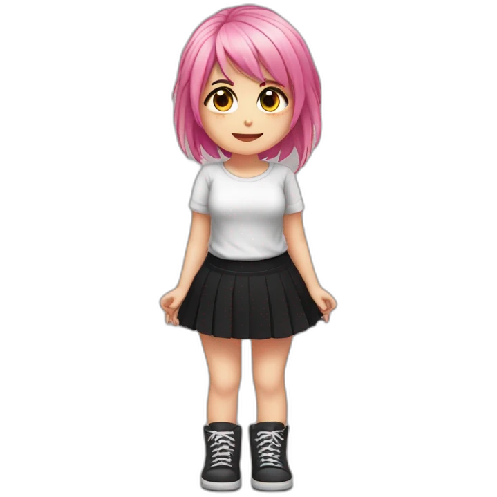 Full body Front view curvy emo girl pink hair sits on the floor straight view hands up black skirt белые трусики полосатые рваные чулки emoji