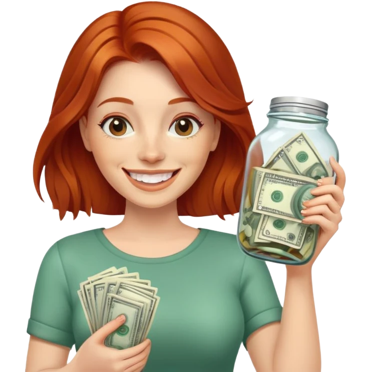 redhead woman with big smile holding glass jar with money bills inside emoji