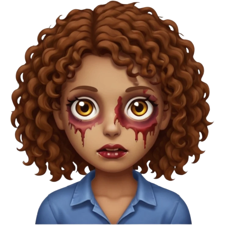 Una chica zombie con cabello rizado café y ojos cafés con un lunar debajo de el ojo izquierdo  emoji