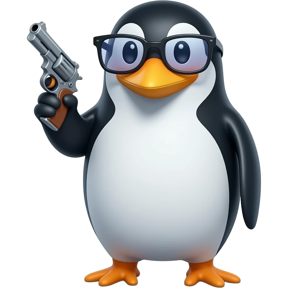 A penguin wearing tinted glasses holding a gun emoji
