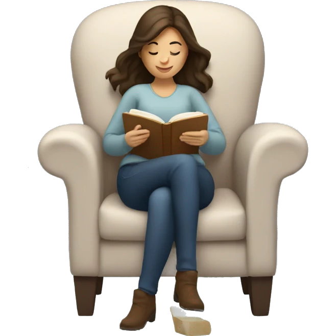 brunette white woman reading a book in a cozy chair emoji
