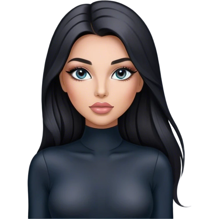 Glamours, tanned, very beautiful girl, with big pump peach-beige-rose lips, long long lashes, black straight smooth silky long hair, straight parting hair, blue-grey eyes in black long-sleeves bodysuit emoji