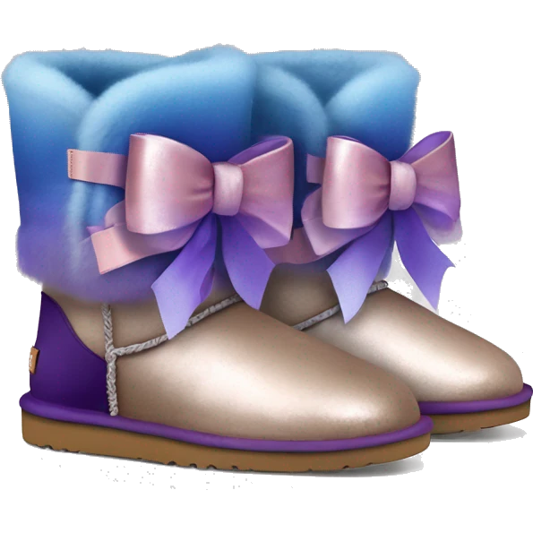 Realistic pair of blue ,purple,and taupe  ombre grunge Ugg fur boots with rose gold silk ribbon bows. emoji