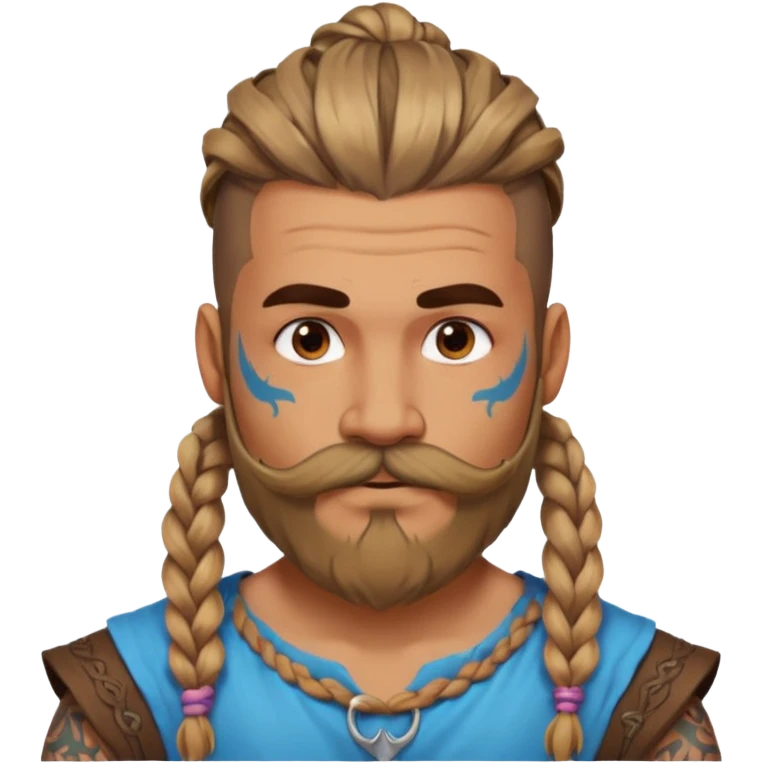 big lose braids starting from the top sides of the head hair like a unicorn man with mustache face wiith big visible loose only two braids and lots and lots of colored face tattoos colored tattoos like a tattoo artist hair unique color and beard viking  emoji