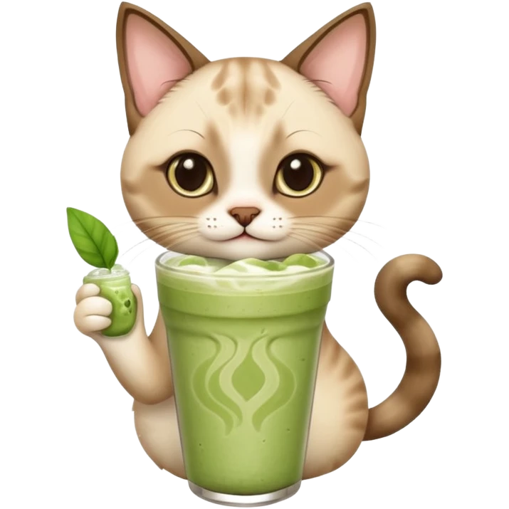 Happy Siamese Cat holding in its paws an iced matcha latte emoji