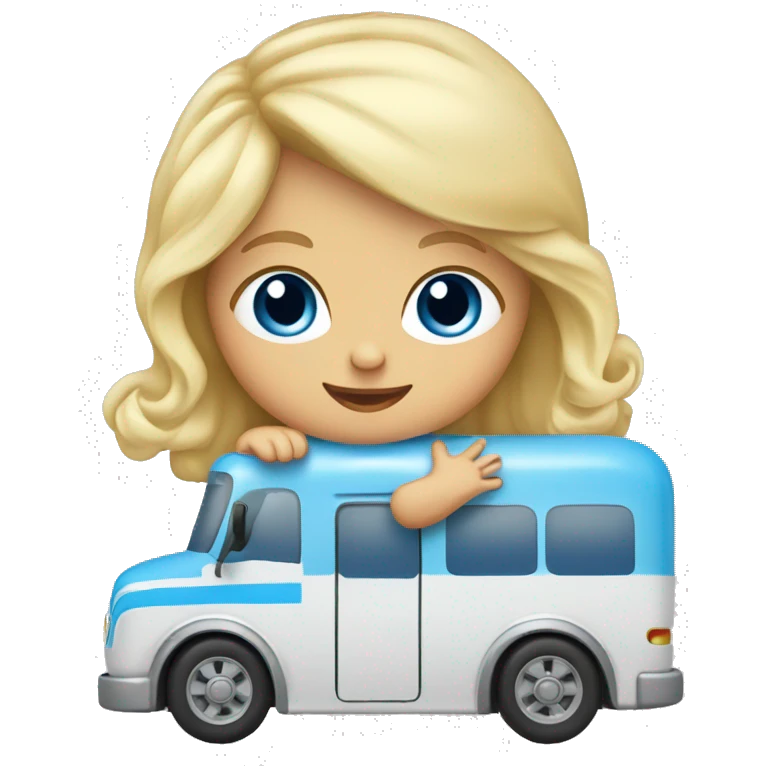 Blonde blue eyes baby playing with small toy bus emoji