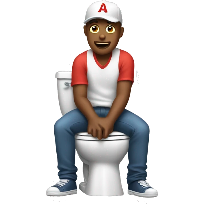 Man sitting on the toilet wearing a backwards baseball hat emoji