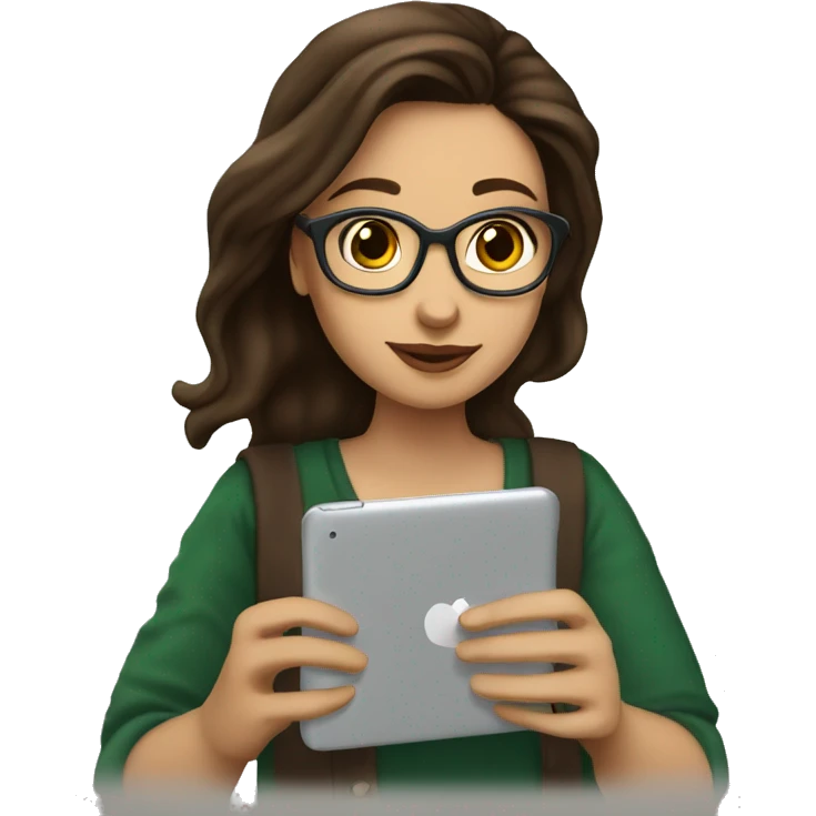 A female brunette mer student , studying in her iPad  drinking a Starbucks coffee (make an iced tea coffe cup) emoji