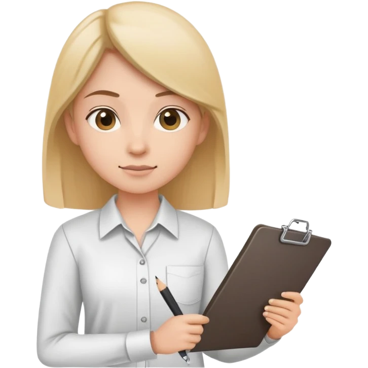 intern or volunteer holding a clipboard and pencil, ready to take notes or assist. The character wears a simple shirt and has an eager posture emoji