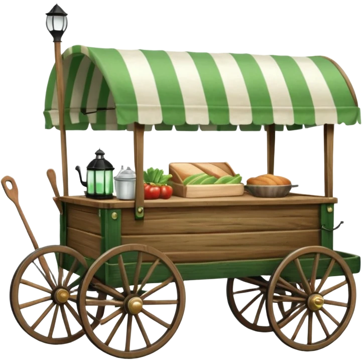 classic wooden carriage-style food wagon with four large wooden wheels, curved handles, green and white striped canopy, green flag with crossed fork and knife on the left, black lantern on the right, kitchenware inside emoji