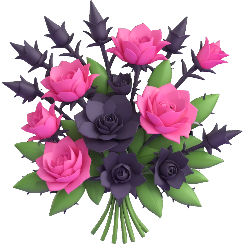 minimal 3D gothic bouquet with thorns, pink and black flowers, simple and mysterious emoji