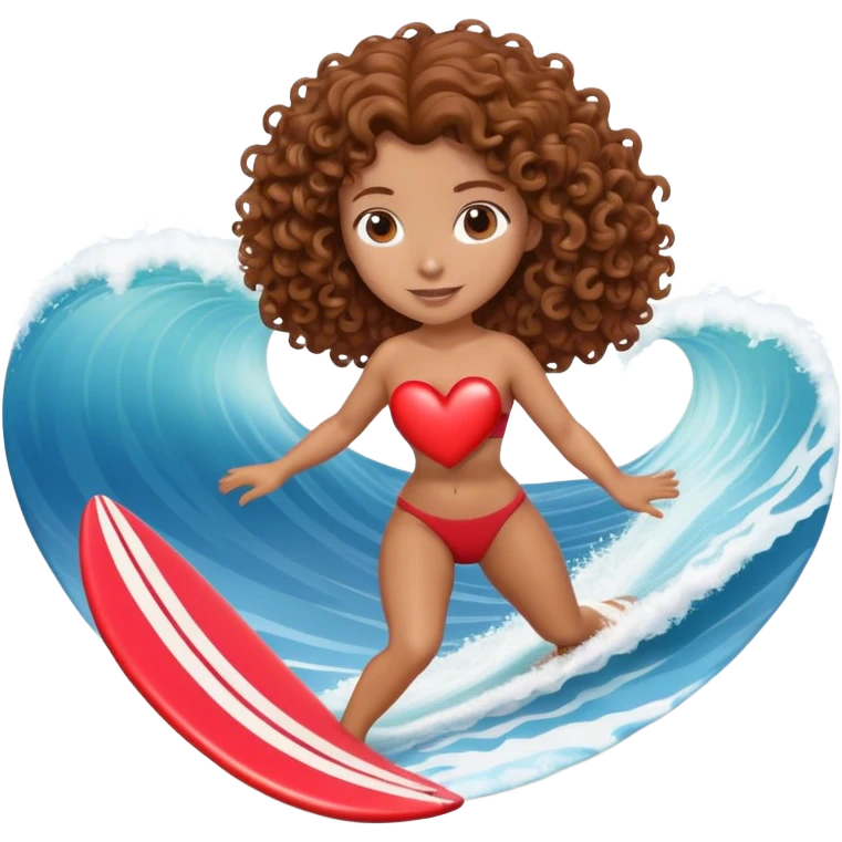 Woman with brown curly hair surfing wave in 3d heart emoji