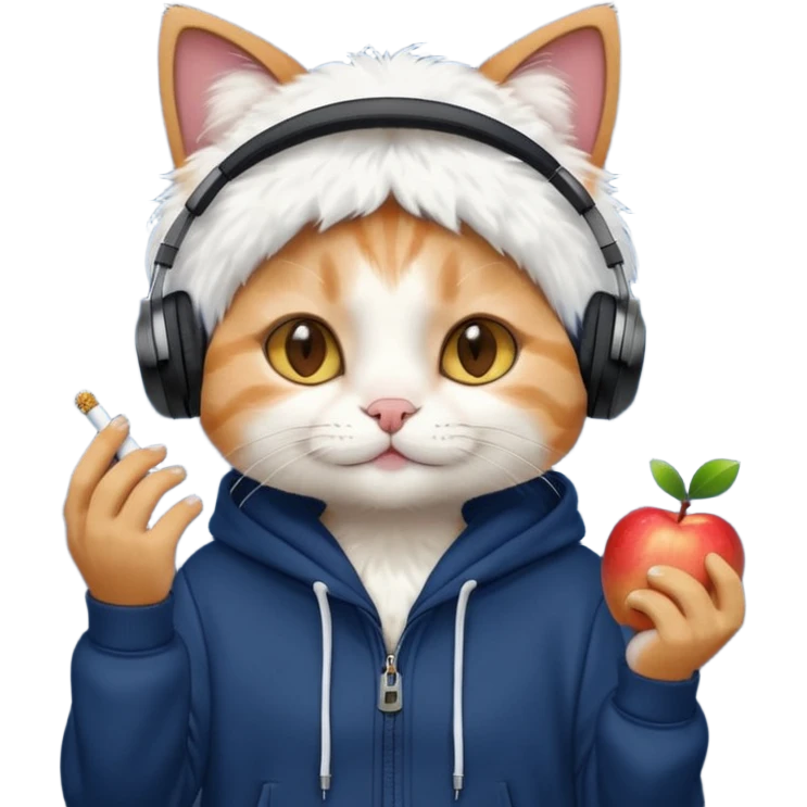 cat in headphones, in a dark-blue almost black oversized hoodie with a cigarette in his hand, more apple-like emoji  emoji