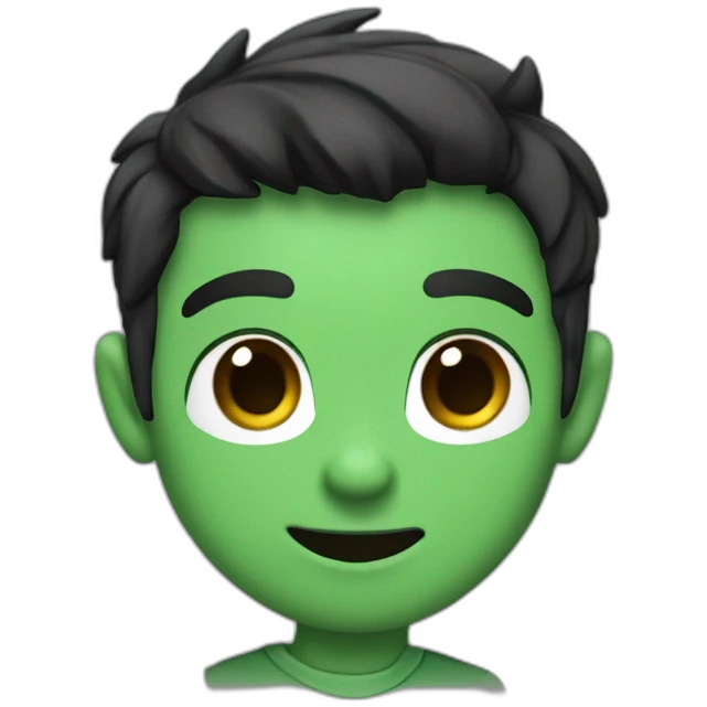 An imp with black hair and brown eyes and a smile in a green shirt with a white T-shirt and with dark brown horns on his head that turn blue at the ends emoji