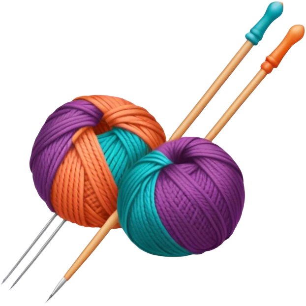 Knitting icon, knitting needles, colorful yarn, partially knitted fabric, minimalistic style, clean lines, transparent background. emoji