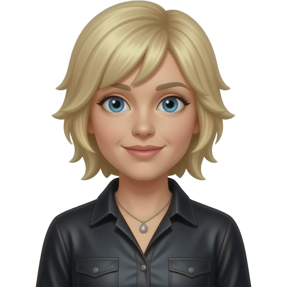 Ashley Parker Angel from O-Town with blue eyes, blonde shag hair, black metallic shirt, necklace emoji