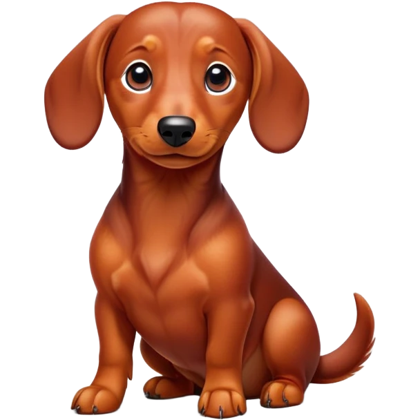 cinematic-[dachshund dog]-realistic-full-body-sitting-emoji,-tail-resting-loosely-beside-its-paws,-head-tilted-dramatically,-sleek-[red]-fur,-simplified-yet-realistic-focused-features,-highly-detailed,-glowing-with-an-almost-sarcastic-glow emoji