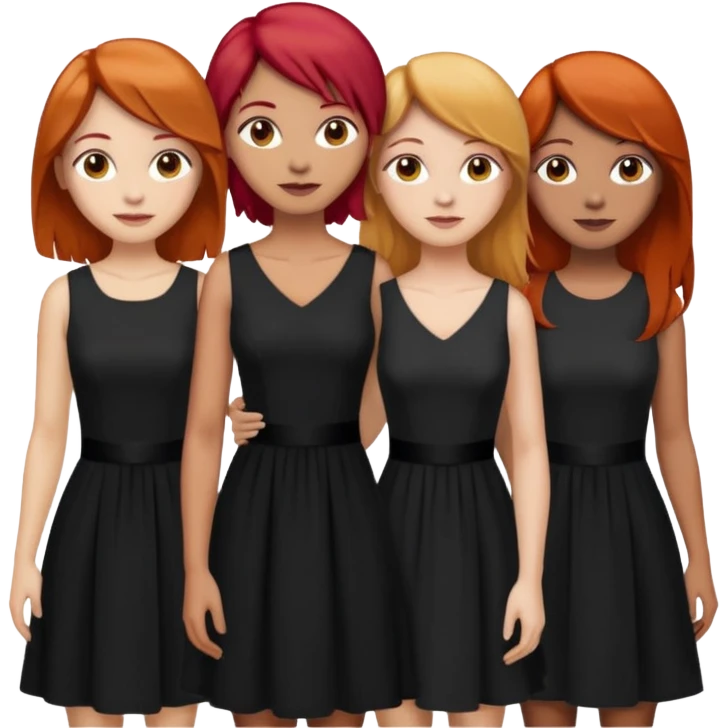 Can you create an image of 3 friends together one with red bright hair light skin one the other with brown hair with some blonde highlights in the hair fair skin the last one with light brown a tint of orange hair and black long hair with brown with dresses dark hair on one of the girls  emoji
