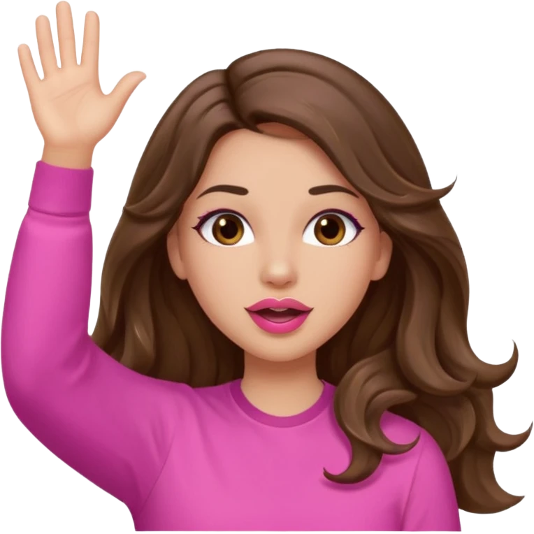 girl with long wavy brown hair, brown eyes, light to medium complexion, in a pink shirt, pink lips, long lashes, puckered lips, both hands in the air cheering emoji