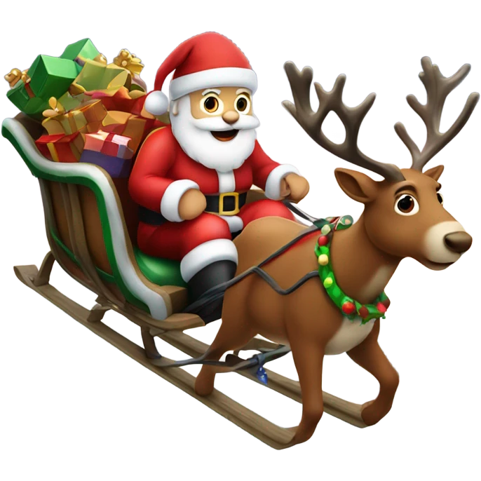 Santa in the sled with his reindeer pulled him in the night sky emoji