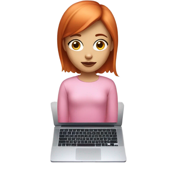 girl with straight short red hair, white skin, big pinky lips, big eyes, calm face, in pink clothes works on macbook emoji