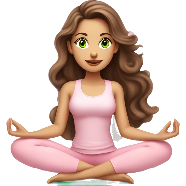 Brunette long curled hair and green eyes yoga beautiful girl in light pink clothes sitting on a yoga mat emoji