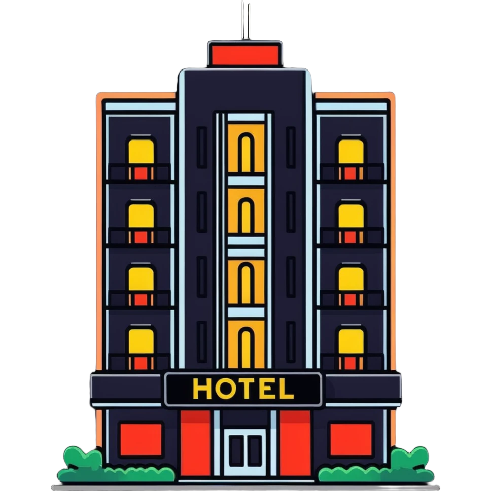 tall hotel building with illuminated sign and entrance emoji