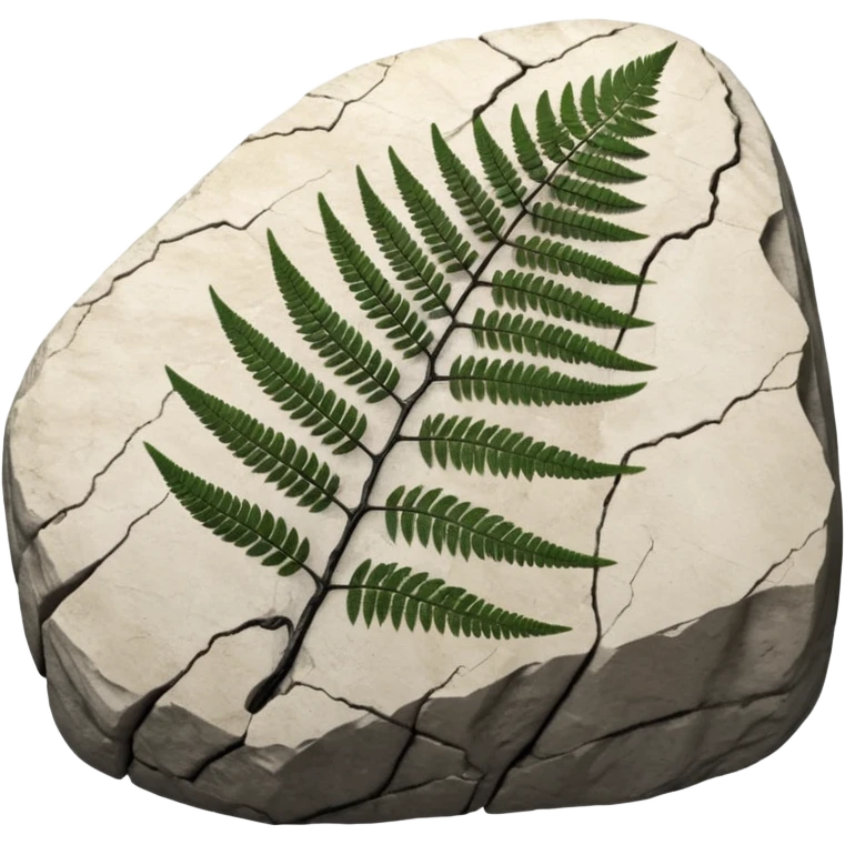 3D render of Fern Imprint, embedded in a chunk of rough sedimentary rock, cracked stone texture, ancient fossil aesthetic, black carbon imprint on a white limestone rock, matte dry finish, Apple emoji style, isolated on white background --v 6.0 emoji