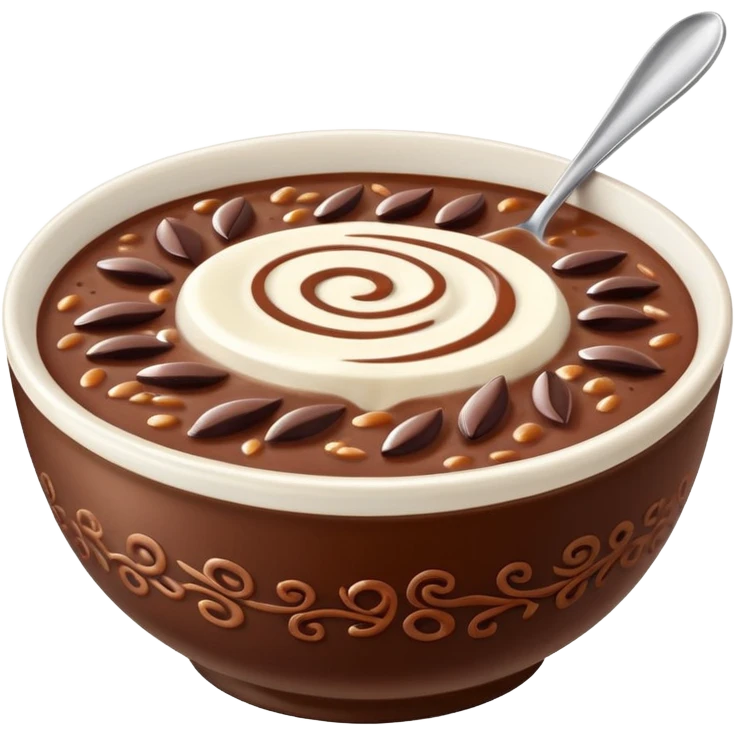 realistic emoji of champorado, detailed chocolate rice porridge in a bowl, visible rice grains, glossy chocolate texture, swirls of condensed milk on top, appetizing and true-to-life emoji