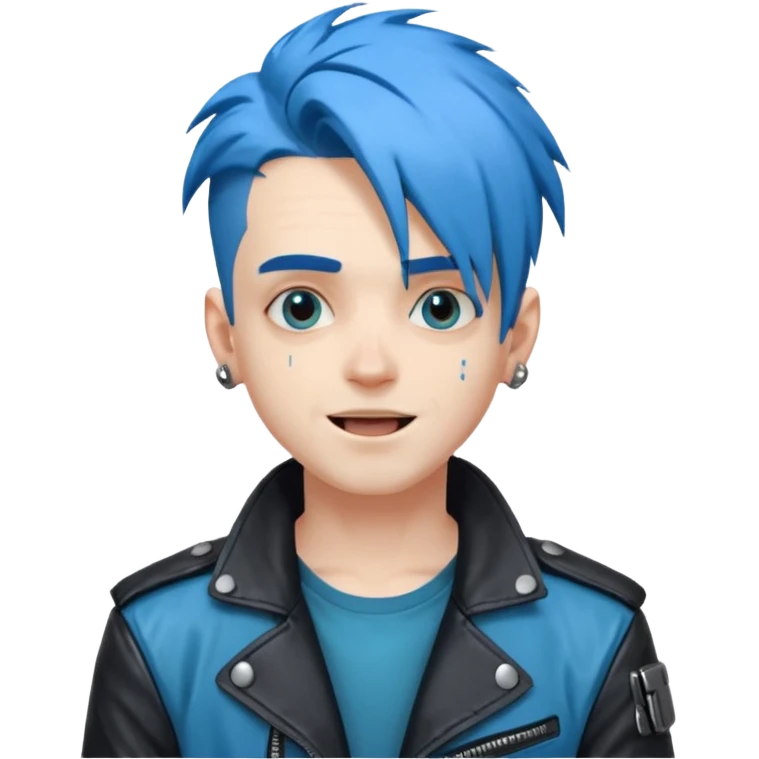 Cyberpunk man, blue hair, silly happy expression emoji