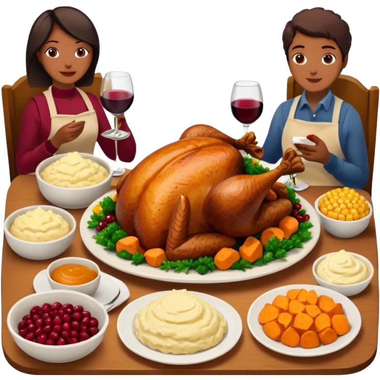 Thanksgiving Dinner with 6 friends of all different races around the table; have the food be a cooked turkey, mashed potatoes, corn, a basket of biscuits, a small bowl of cranberry sauce, baked yams, steamed vegetables, and a bottle of wine. emoji