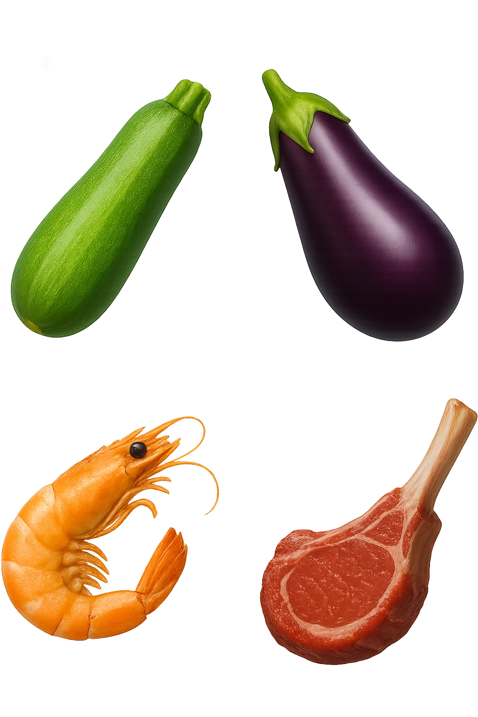 emoji stile iphone realistica zucchine, melanzane, gamberi, costoletta fluttuano in aria
IPERREALISTICO 4K emoji