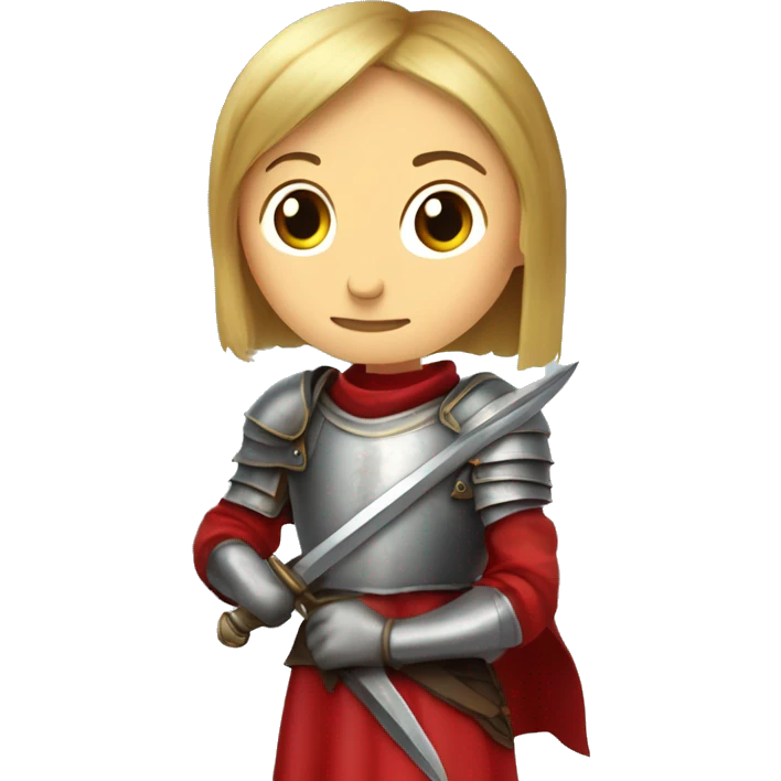 Joan of arc in medieval armor kneels, looking upward, with hands resting on a large sword. They're dressed in a red garment under the armor. emoji