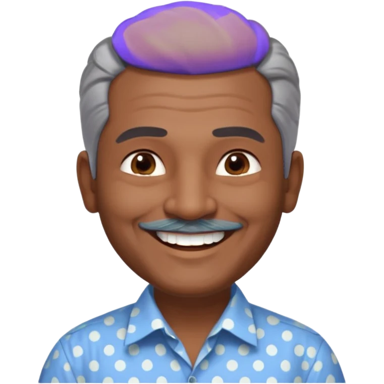 50 yr old indian man, dark skin, grey hair, big smile, white teeth, chubby, no moustache, clean shaven, young style hair, hair brushed back, 5 oclock shadow, dot on forehead, dress shirt emoji