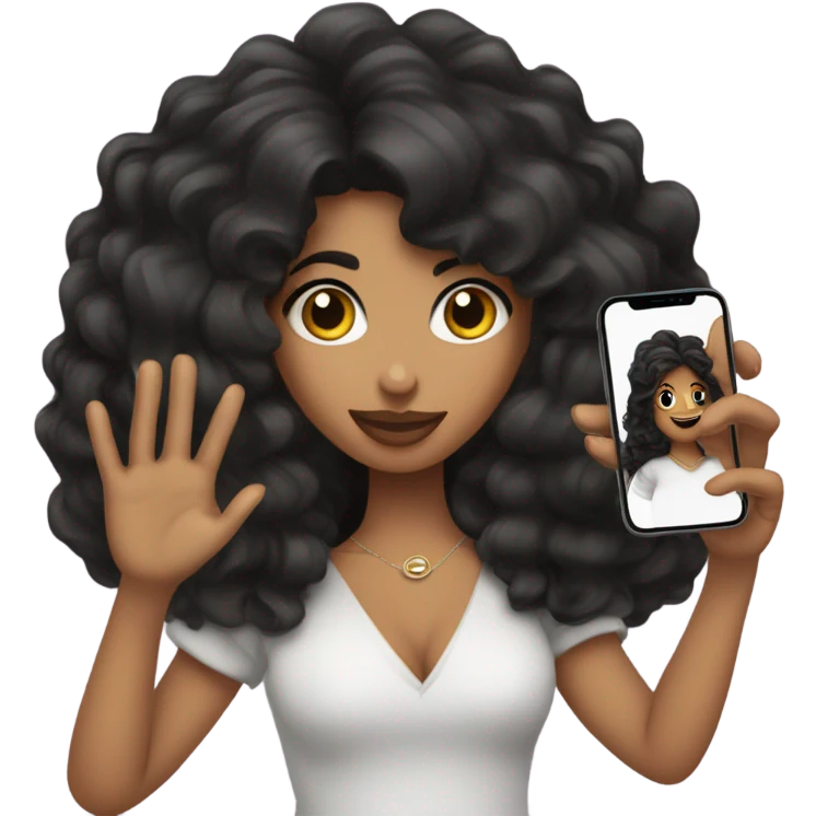 Chica morena con cabello rizado y ojos negros con iPhone 14 en la mano emoji