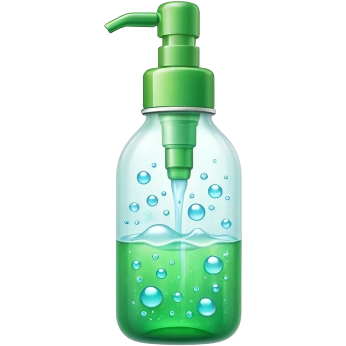 White and green pump bottle glowing with soft bubbles and sparkles. Surrounded by a dewy mist and green aura, symbolizing hydration and gentle cleansing. Potion-like, glossy, emoji-style emoji