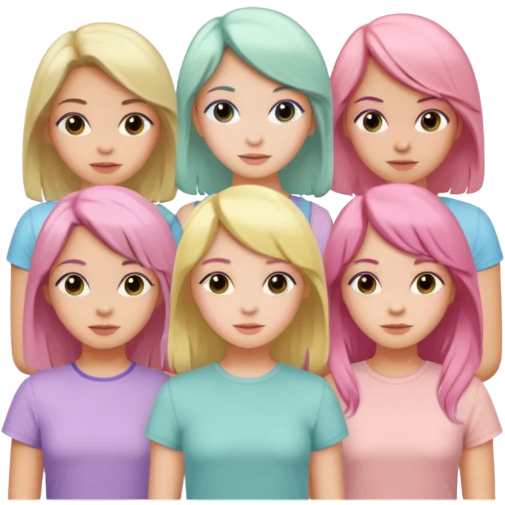 emoji of five girls together, each with a different hair color and pastel colored top, group portrait emoji